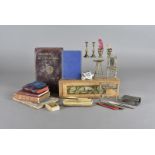 A collection of miscellaneous items, including Edwardian pencil cases with transfer prints of the
