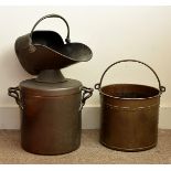 One copper log bin, one large twin handled copper pot and cover and a copper coal scuttle