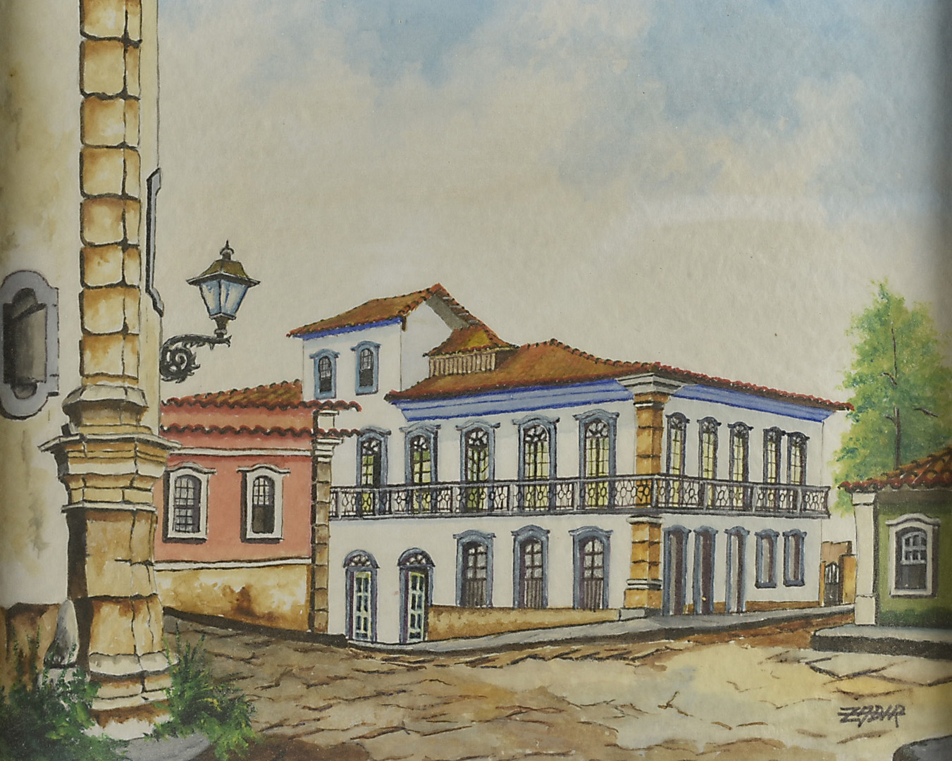 Zadir Pimentel (1939-) watercolour, Portugese style square, signed lower right, label verso, framed,