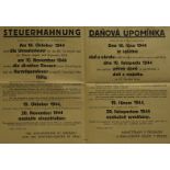 Two WWII Czech Tax Reminder Notice posters, both dated 1944, covering July to November, both in