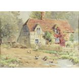 EMS, 20th Century, watercolour, country cottage with children and hens, monogrammed lower left, 21