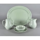 A celadon Wedgwood part dinner service, comprising various twin handled soup bowls, two milk jugs,