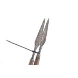 Two small African spears, both approx 124cm in length, together with two Ghanaian cast brass money