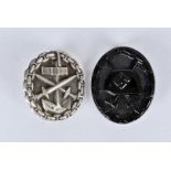 A German Third Reich Black Wound badge, together with a white metal Naval Wound badge, possibly