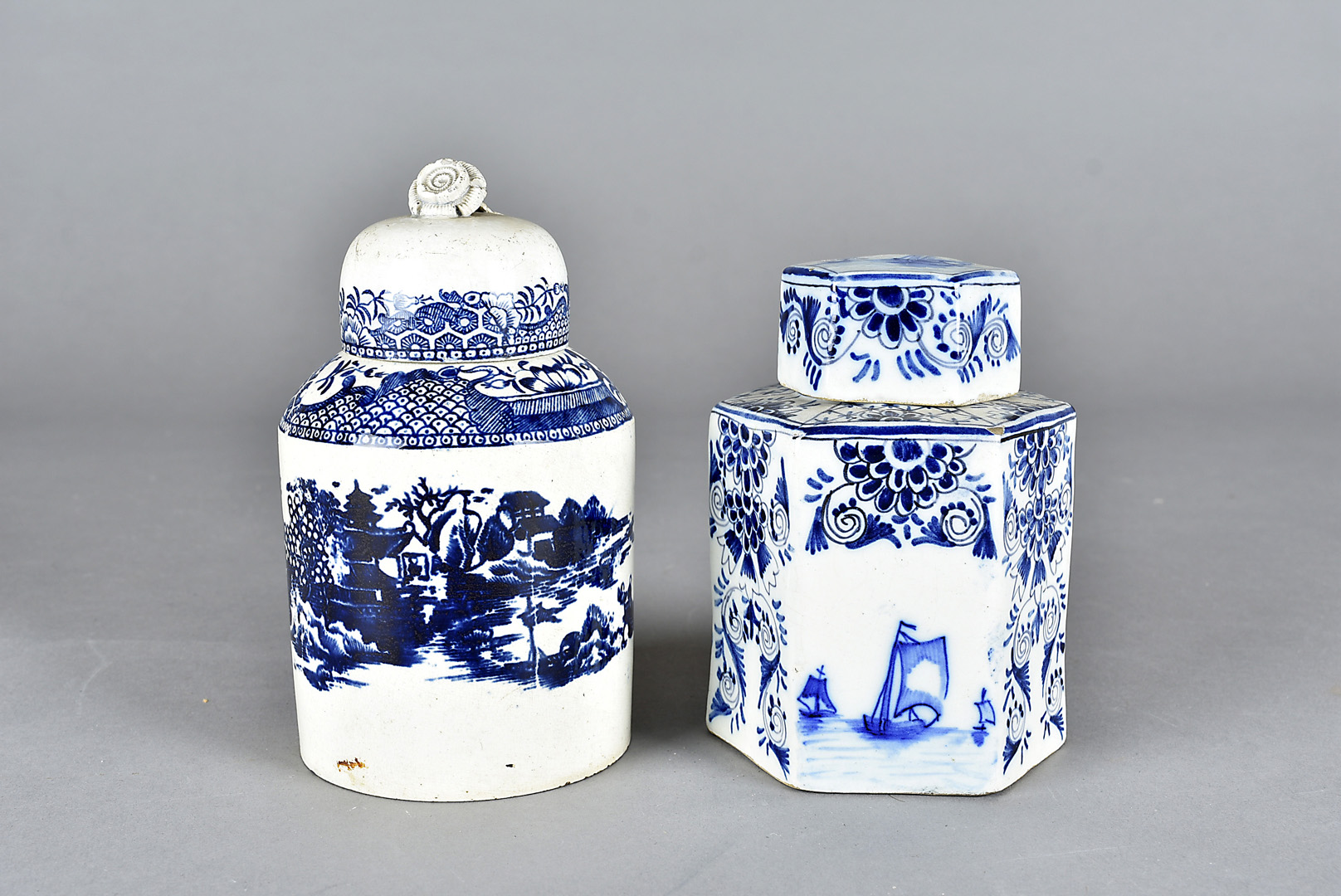An 18th Century Liverpool pearlware tea cannister and cover, 15cm high together with a hexagonal