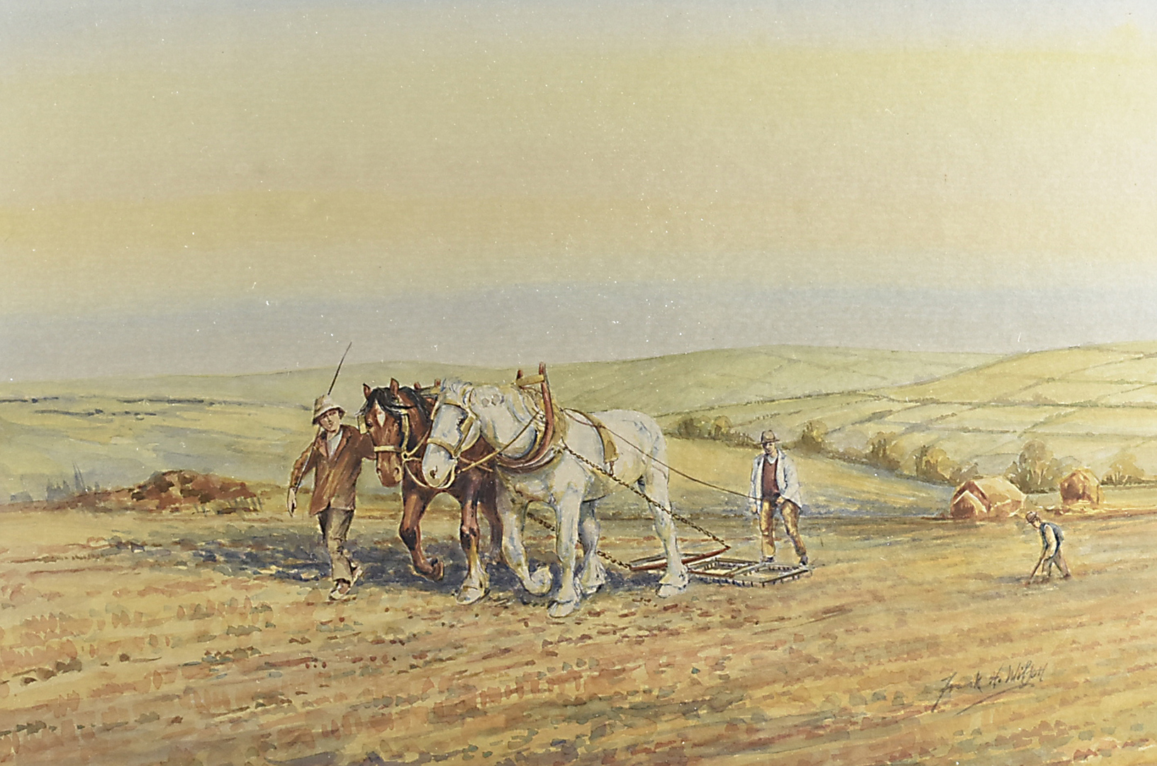 Frank H Wilford, 20th Century, watercolour, heavy horses working in field, shires harrowing the