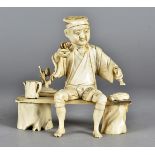 A late 19th Century Japanese bone okimono, of a seated gentleman with bonsai, sake teapot and gourd,