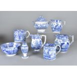 A collection of early 19th Century blue and white transfer printed English pottery, including a