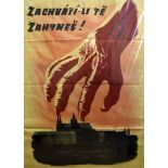 A European propaganda poster, WWII period, depicting a large red hand with claws over a skyline,