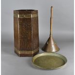 R Alister & Co oak copper bound stick stand, of hexagonal form, 51 cm high together with a copper