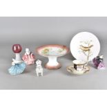 A collection of Royal Doulton figurines, Staffordshire comports, cranberry glass and various other