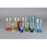 A set of four coloured lemonade glasses, four coloured liquor glasses and miniature painted glass