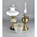 A brass and glass 19th Century oil lamp, with opaque glass shade and another with reproduction