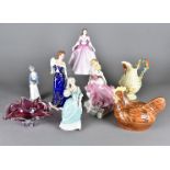 A collection of modern porcelain continental figurines, including Cinderella, a Royal Doulton Gloria