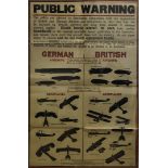 A WWI British Public Warning poster, depicting various silhouettes on German and British Airships