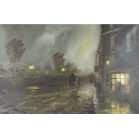 Barry Hilton, 20th Century, oil on canvas, Victorian night street scene with carriage, signed