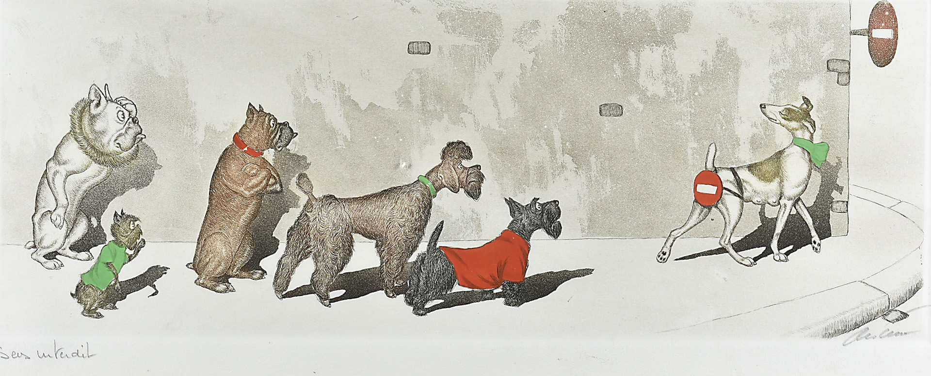 Boris O Klein, 1893-1985, print, Dirty Dogs of Paris, Sans Interdit, signed,19 cm x 45 cm