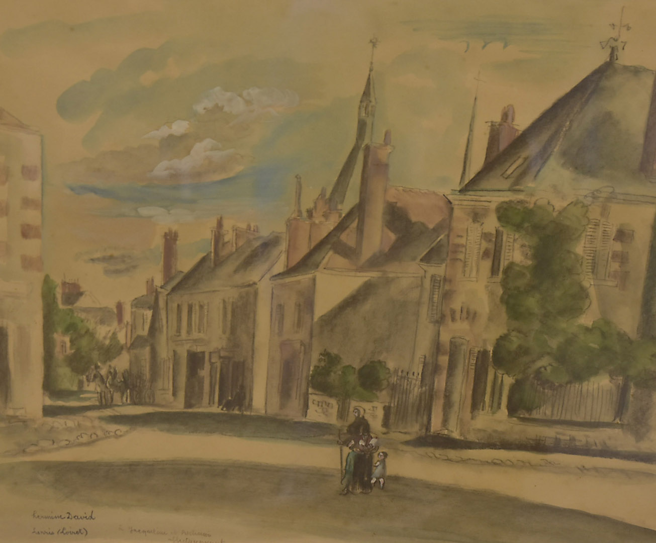 Hermione David (1886-1970), watercolour and bodycolour figural street scene, signed and titled lower