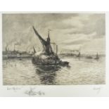 Alex Mortimer, pair of maritime etchings, dated 1887, with proof stamps to border, one signed, 36 cm