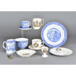 A set of six willow pattern bell china coffee cans and saucers, with sugar bowl and milk, side