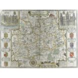 A John Speede 17th Century Surrey map, double framed, later coloured, described and divided into