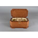 A burr walnut and oak jewellery box, with fitted interior, 29 cm wide