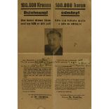 A WWII Reward poster, for the capture of Josef Valcik, one of the assassins of Heydrich, for the