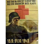 A WWII Czech propaganda poster, depicting a German soldier in front of a Red Cross and a landscape,