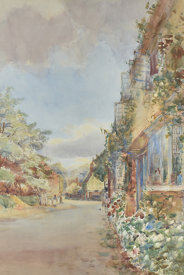 Walter Godsmith, 20th Century, watercolour, summer street scene, label verso, framed and glazed,