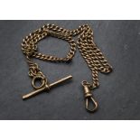 A 9ct gold watch chain, with T bar and snap clasp on curb link chain, 19.7g