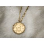 A 1977 South African Krugerrand in 9ct gold pendant mount, the one ounce fine gold coin, in very