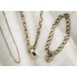 A 9ct gold chain necklace and 9ct gold wedding band, together with a curb link chain bracelet with