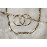 Two 9ct gold necklaces and a pair of 9ct gold earrings, one a heavy flattened link chain, the