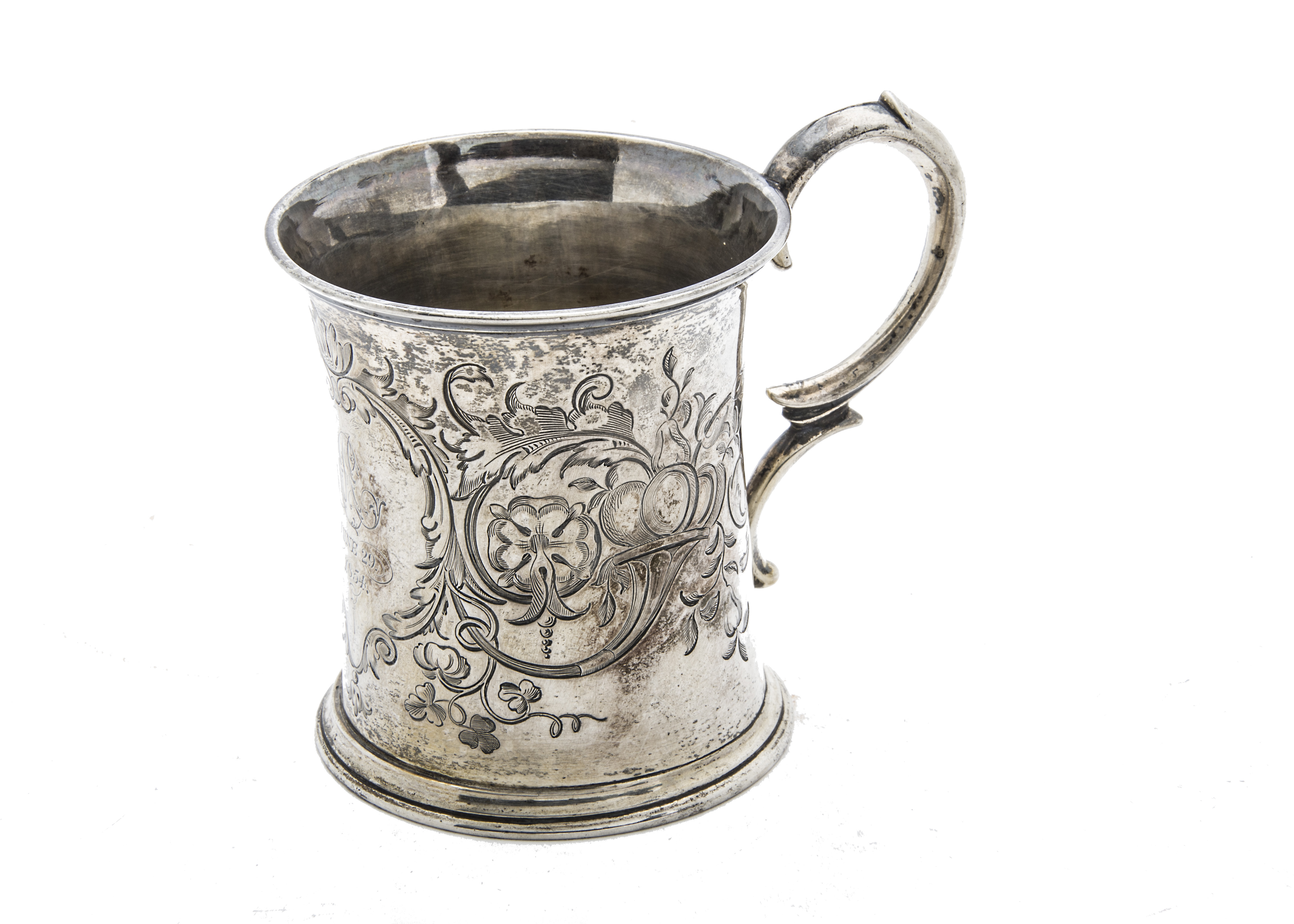 A Victorian silver Christening tankard by Edward Ker Reid, engraved design with initials and dated