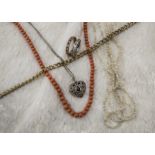 A Victorian coral bead and a three strand seed pearl necklace, together with a white metal and clear