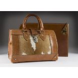 A 1980s tan leather and cow hide doctors style handbag, 31cm wide, together with a brown leather