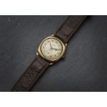 An Art Deco 9ct gold Super Sports mid sized wristwatch, not running, 29mm, on brown leather strap