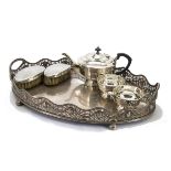 A Victorian silver plated oval tray, together with a pair of Art Deco silver clothes brushes, AF and