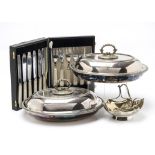 A collection of Victorian and later silver plated items, including a cut glass and plated biscuit