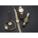 A group of five 9ct gold and other ladies wristwatches, one Everite with integrated bracelet, 17.5g,