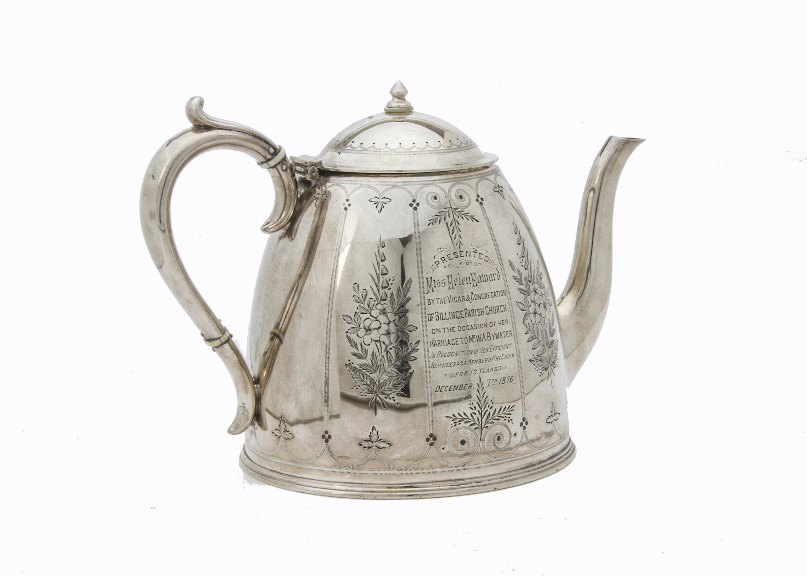 A Victorian silver plated presentation teapot, with inscription from Billinge Parish Church