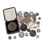 A collection of British and World coins, including a small gold Arabic coin with drill hole and loop