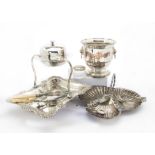 A collection of silver and silver plated items, including a pair of silver backed hair brushes and a
