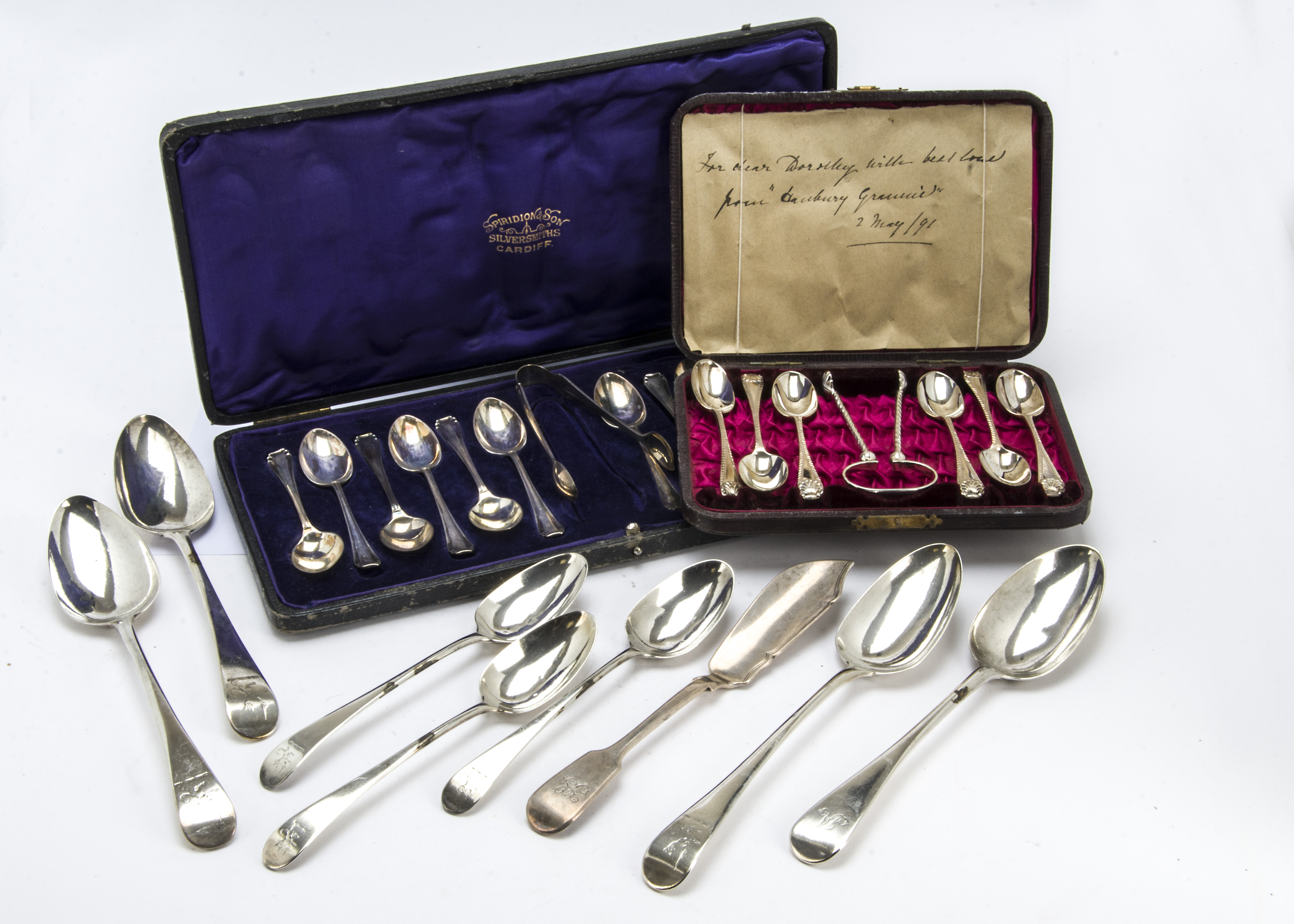 A collection of Georgian and later silver flatware and other items, including a set of three - Image 2 of 2