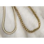Two yellow metal necklaces, one flattened chevron smooth link, the other with twist links (2)