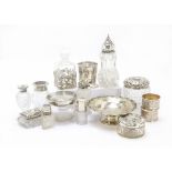 A collection of silver and silver mounted glass items, including a Mappin & Webb dish and a