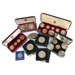 A collection of British coins and crowns, including a 1953 ten coin proof set in case, a Jersey 1966