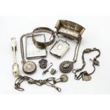 A collection of Victorian and later silver and jewellery, including a miniature sofa, a cigarette