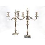 A pair of Victorian silver plated candelabra, with lift off twin branches, having sconces
