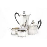 A late Victorian four piece tea set by Roberts & Belk, hexagonal form with engraved diamond and